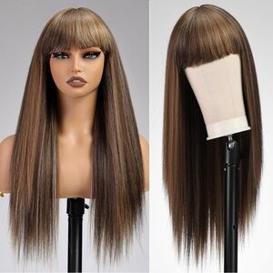 - Human hair blend brown highlight wig.